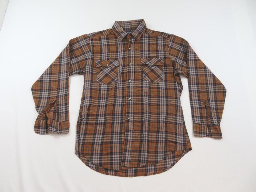 Levis Vintage Shirt Long Sleeve Button Down Brown Gray Black Plaid Sz L 1980s